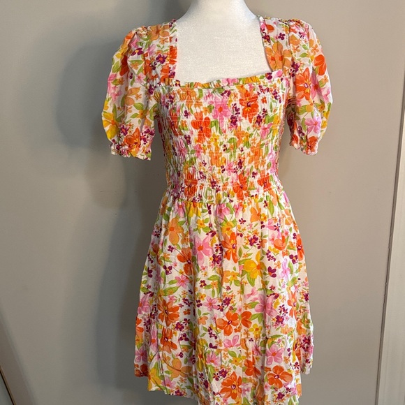 mine Dresses & Skirts - mine Floral Puff-Sleeve Smocked Mini Dress in Orange, Pink, Yellow, Green